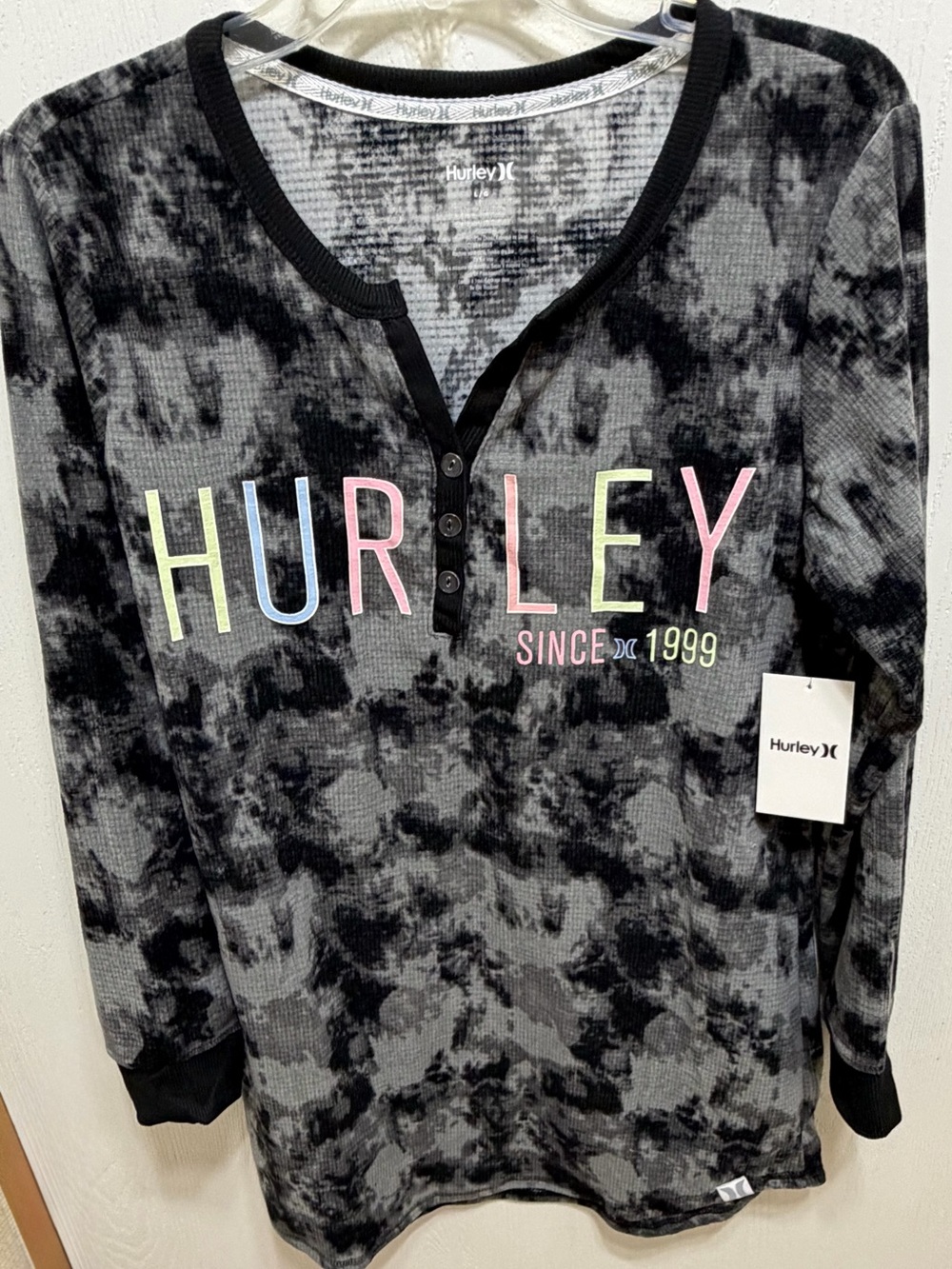 Hurley Black & Gray Tie-Dye Long Sleeve Henley with Pastel Logo